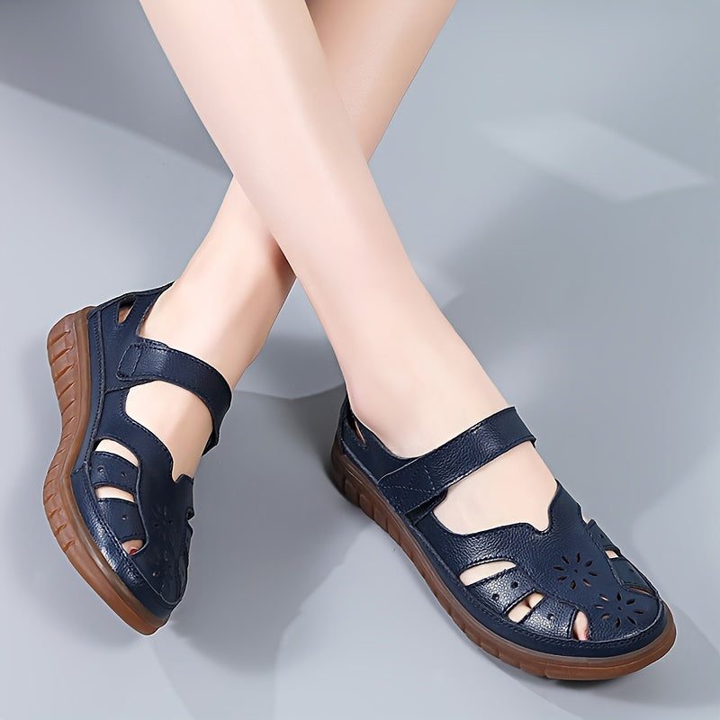 Women's genuine leather sandals with soft sole, cut-out design, casual and breathable.