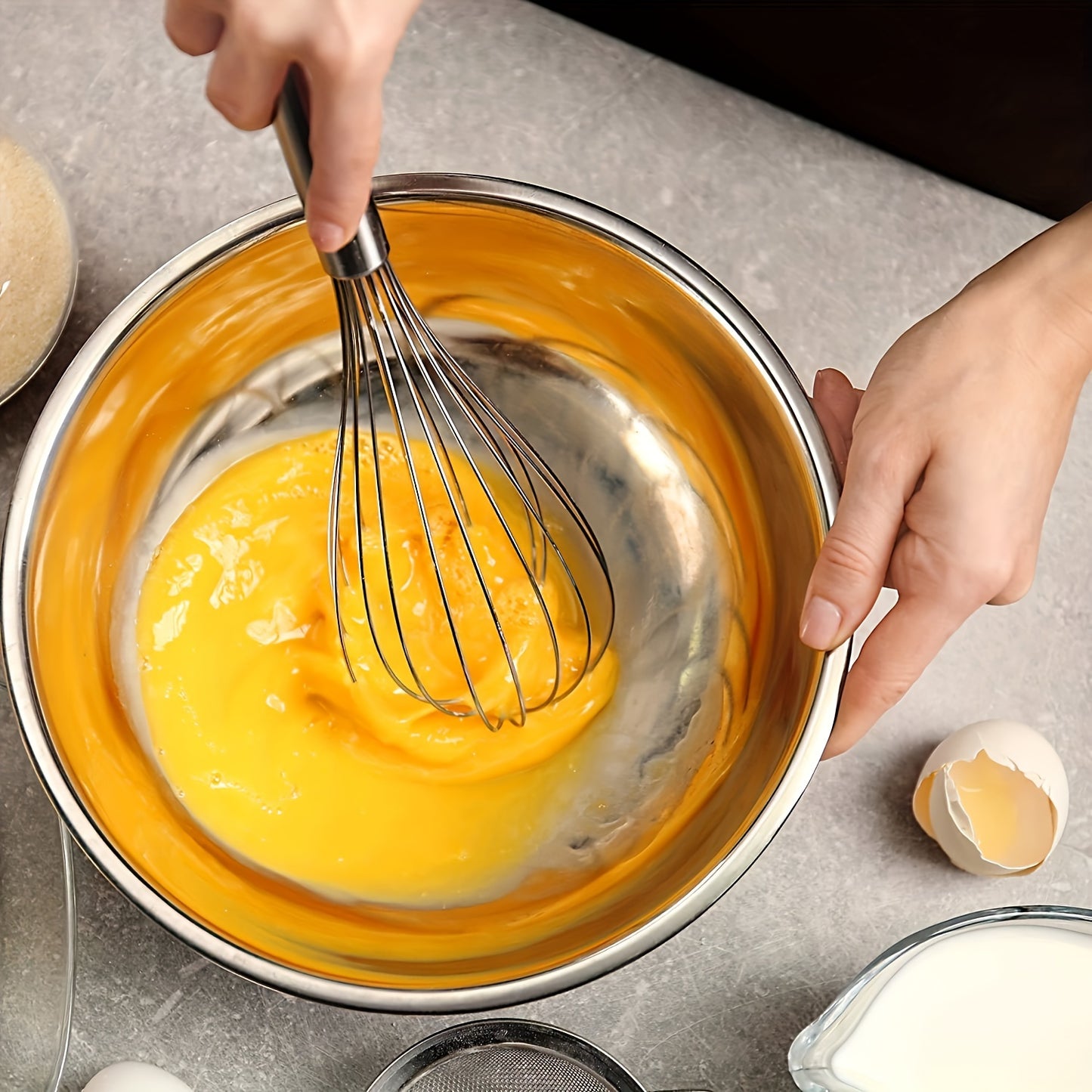 Durable stainless steel whisk set of 3 for manual whisking, beating, and stirring. Food-grade and easy to clean with ergonomic design. No batteries required.