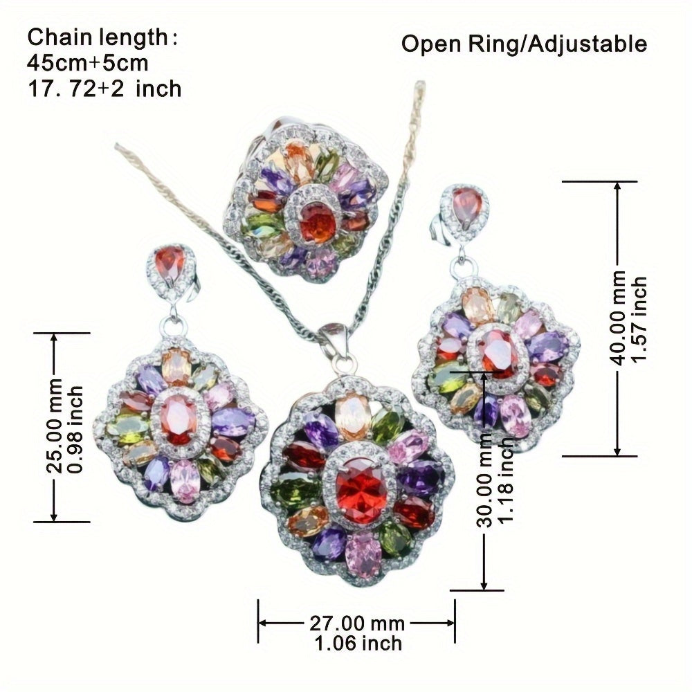 Beautiful 5-piece Bridal Jewelry Set featuring Cubic Zirconia, Adjustable Ring, Earrings, Necklace, and Bracelet - Made with Hypoallergenic White Gold Plated Copper and Colorful Stones - Ideal for Weddings, Valentine's Day, and Mother's Day Gifts.