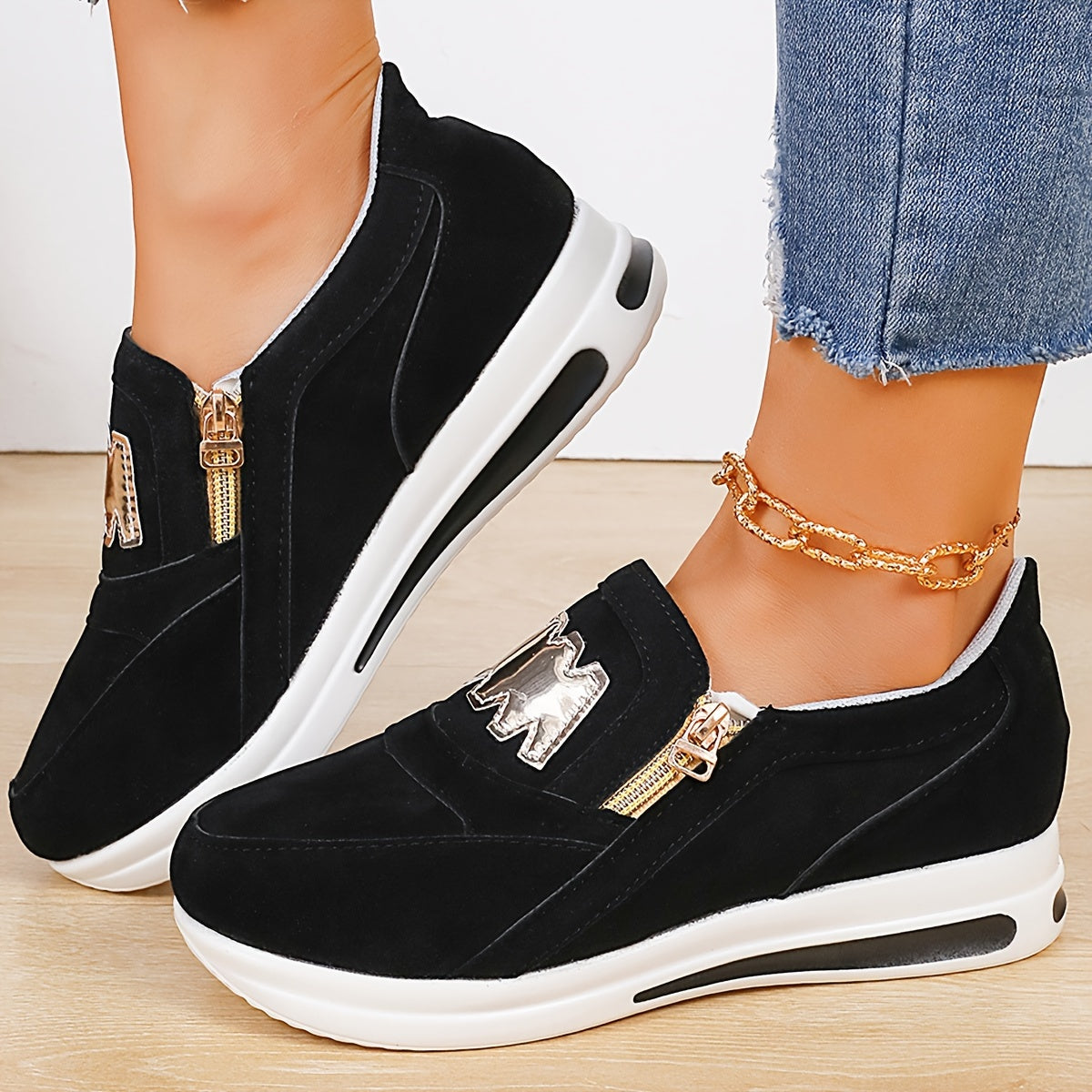 Women's slip-on low top walking shoes with thick bottom for comfort. Casual skateboard sneakers with non-slip TPU sole for all-season wear. Fabric upper and inner with breathable insole.