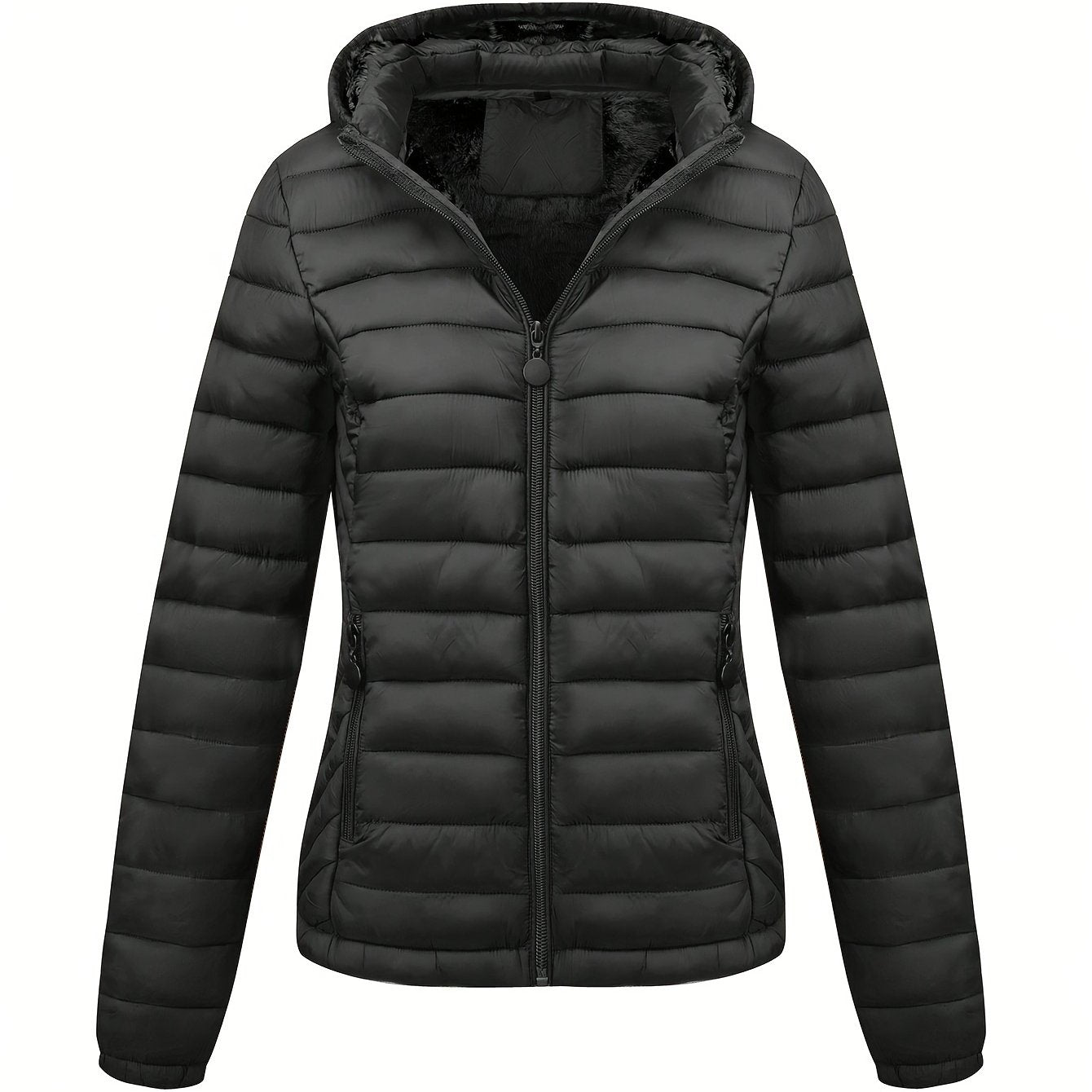 Simple hooded coat for women, perfect for autumn and winter, with pockets for easy commuting.