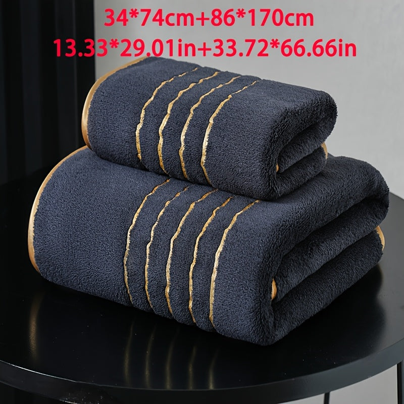 Set of 2 striped polyester bath towels with super absorbent feature. Includes one large towel (85.65*169.32 cm) and one small towel (33.86*73.69 cm). Ideal for bathrooms, gyms, parties