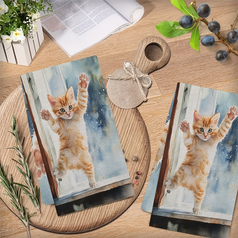 This set includes 2 ultra-soft kitchen towels with a playful kitten jumping onto a windowsill design. These highly absorbent dish towels are great for holiday decoration and can be easily machine washed. Each towel measures 40.64x60.96 cm.