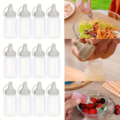 Set of 4 mini transparent seasoning bottles with gray lids, made of food-grade plastic for sauces and dressings. Portable and reusable squeeze containers for BBQs and kitchen use, hand-wash only.