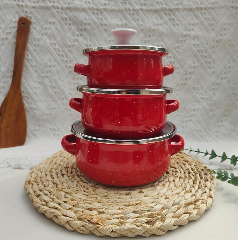 This set includes three mini enamel pots in sizes of 12cm, 14cm, and 16cm, perfect for home use in the kitchen. They are suitable for gas and electric stoves, making them versatile for any cooking needs. This set makes a great holiday gift and is perfect