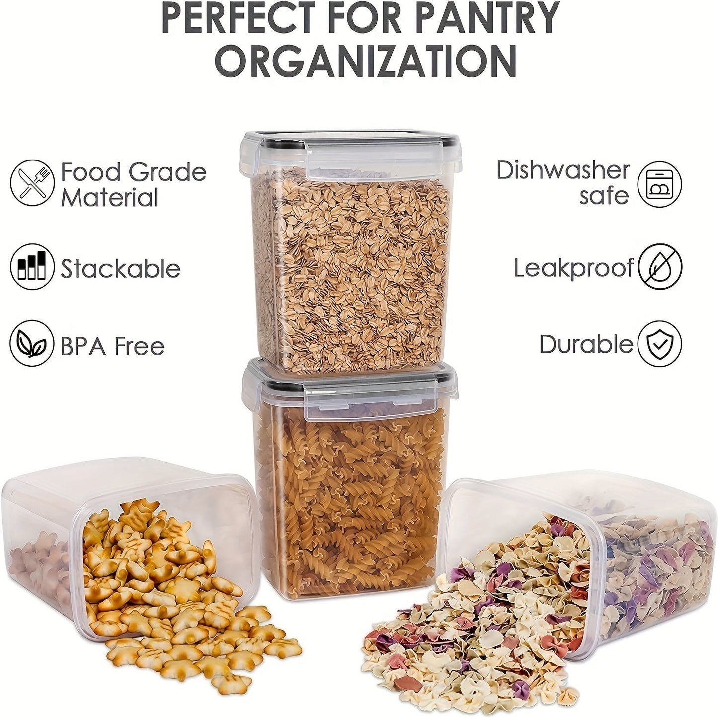 Set of 6 airtight food storage containers with a capacity of 54oz/ 1.5qt/ 1.6L each, made of BPA-free plastic. Ideal for storing sugar, flour, and baking supplies in the kitchen pantry. Dishwasher safe, complete with labels and marker. Essential kitchen