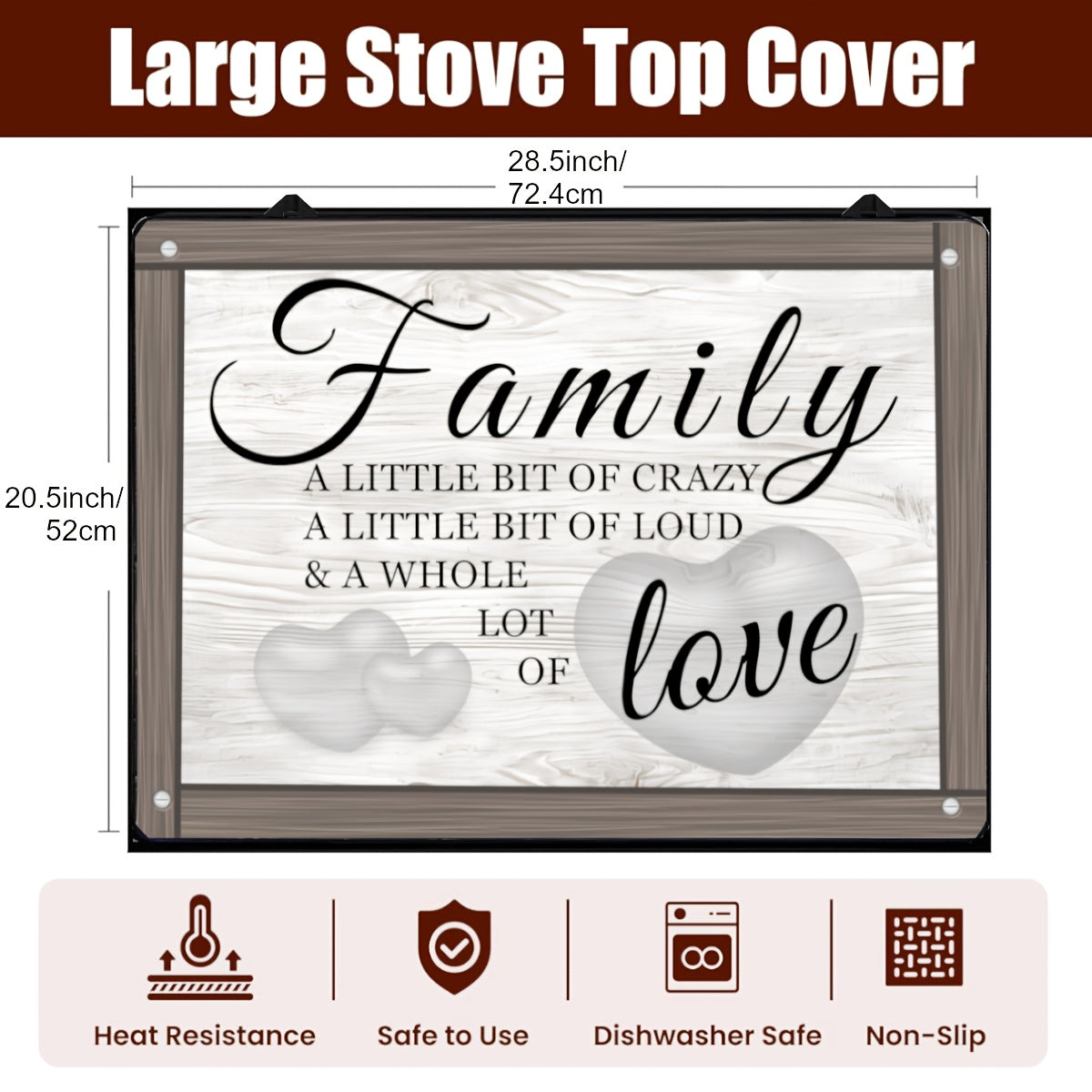 Wood Grain Design Stove Top Protector, 72.39x52.07cm, Scratch-Resistant & Heat-Resistant, Non-Slip Rubber Backing - "Family Love" Inspirational Quote. Dishwasher Safe, Versatile Kitchen Decor Mat for Cooktops, Countertops, Dryers.