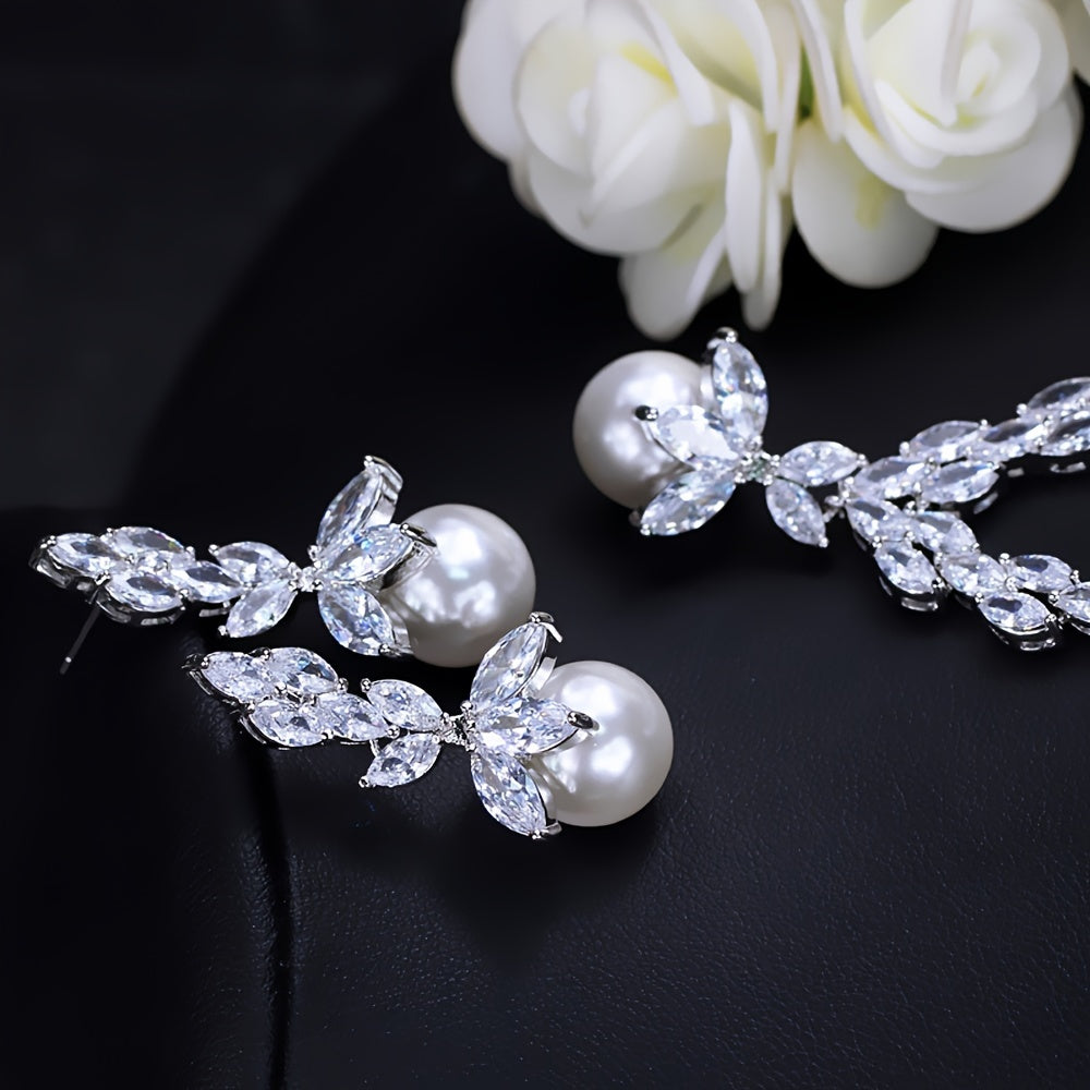 Three Graceful Bridal Accessories Featuring Synthetic Cubic Zirconia Round White Artificial Pearl Pendant Necklace and Earrings - Perfect Wedding Jewelry Set for Women