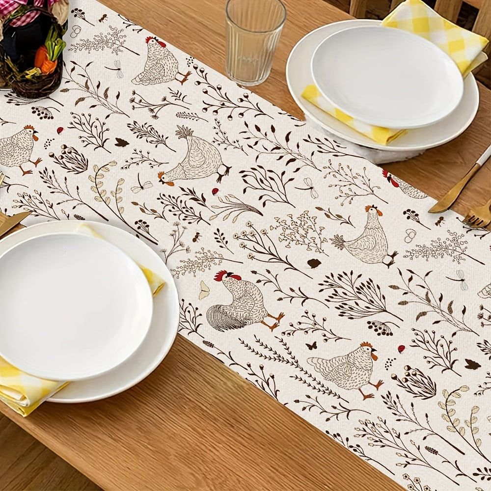 1 piece of rural farmhouse style animal rooster and hen pattern table runner, ideal for holiday or Easter decoration.