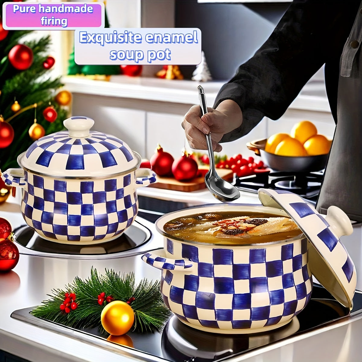 Enamel Saucepan with Lid - Blue and White Checker Pattern, 8.66-inch, Large Capacity Soup Pot and Casserole Dish, Serving Cookware for Table and Kitchen, Compatible with Gas and Electric Stovetops, Ideal Gift for Home and Restaurant