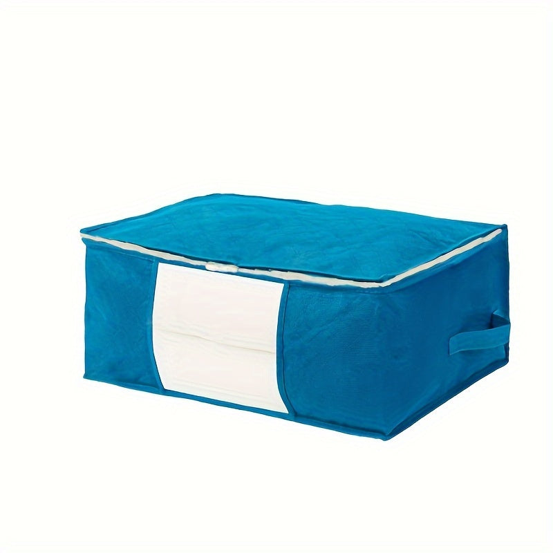 Clear-windowed fabric storage bins, stackable wardrobe organizers that are dustproof and foldable. These clothing storage boxes are sealed closet organizers for adult and teen apparel, ideal for home organization and as holiday gifts.