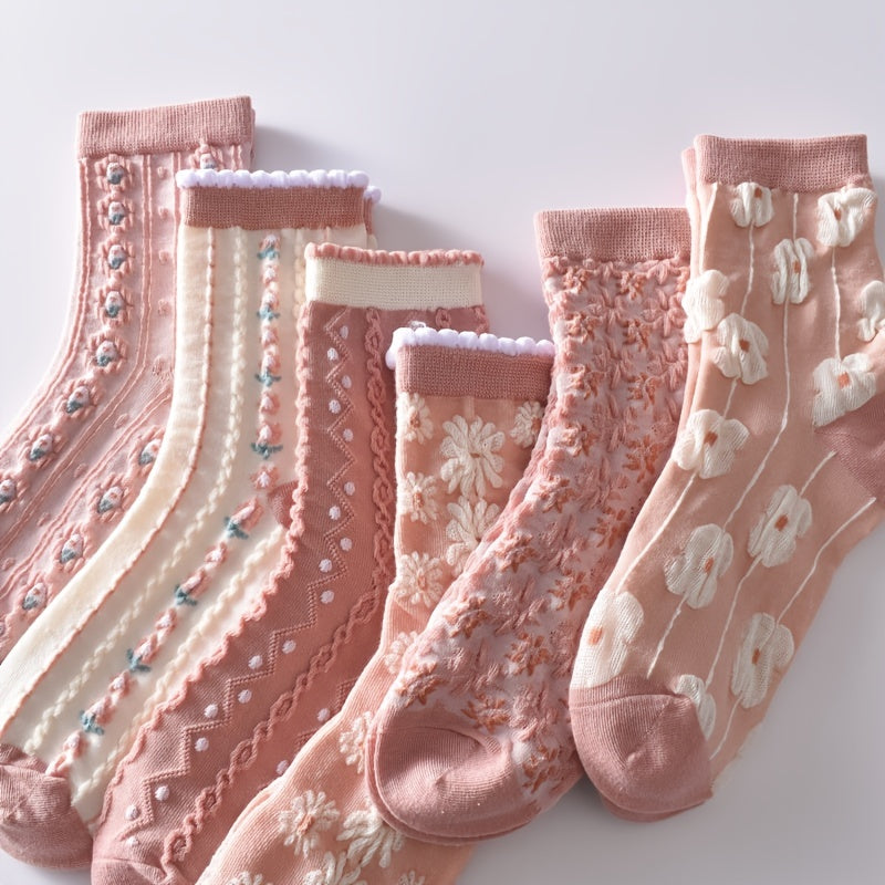 6 pairs of lightweight and comfy flower bubble cable crew socks for women.