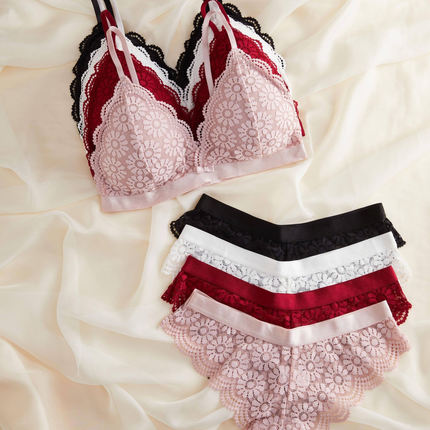 4-Piece Floral Lace Lingerie Set with Triangle Cups and Scallop Trim Panties