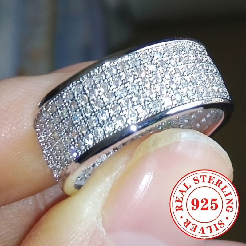 Elegant Wide Sterling Silver Ring for Women, Featuring 6.9 Grams of 925 Silver and Sparkling Zirconia, Perfect for Weddings and Special Occasions.