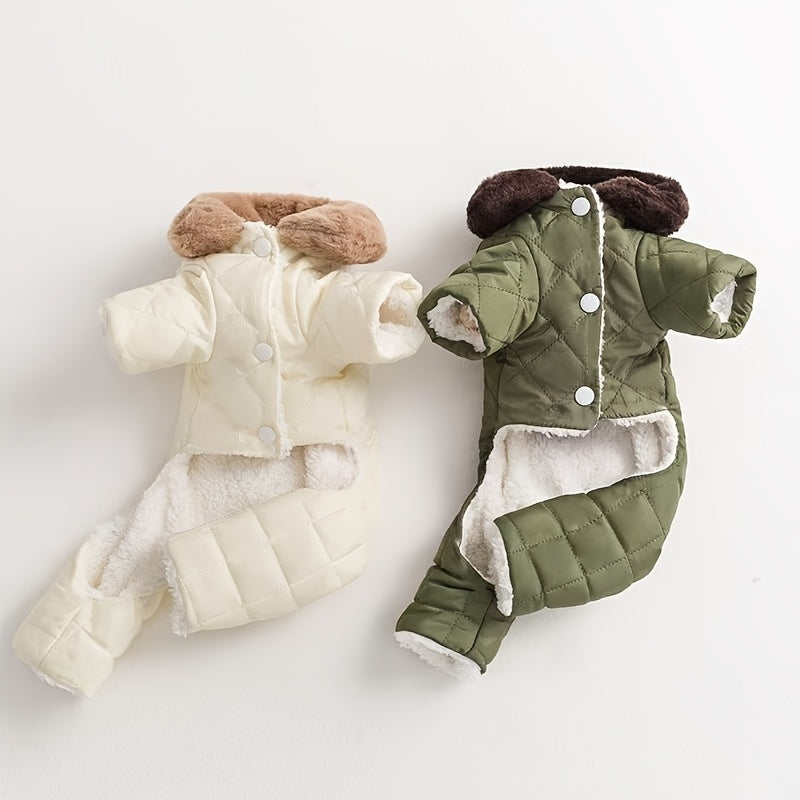 Padded dog jumpsuit with plush lining, suitable for small to large breeds, machine washable, ideal for spring, fall, and winter.