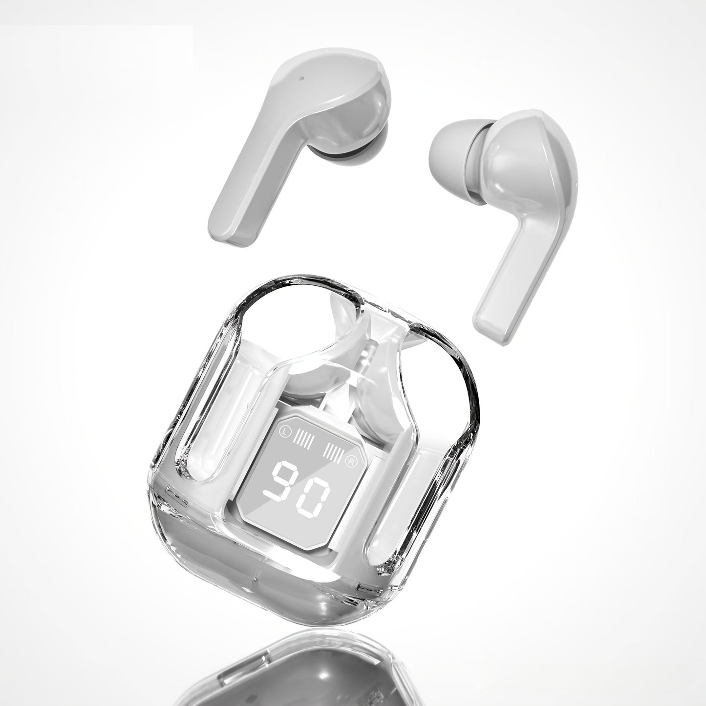 New wireless in-ear headphones with multi-color semi-transparent appearance and LED display.