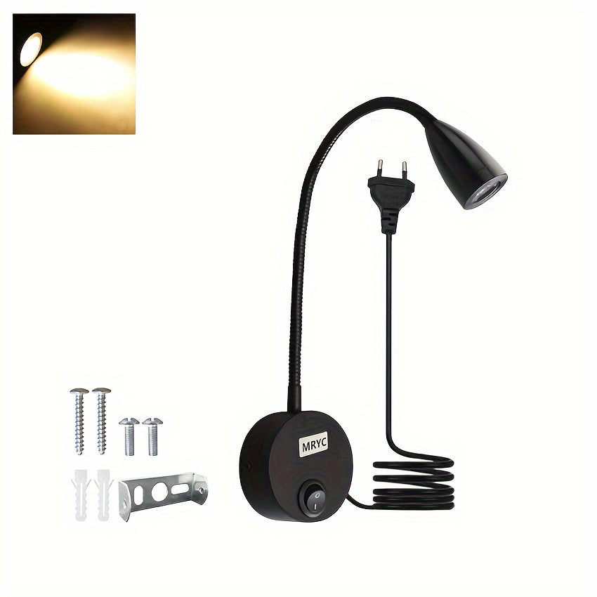 Wall-mounted reading light with flexible goose neck LED spotlight, plug and switch, suitable for bedroom, bedside, office, workbench, studio.