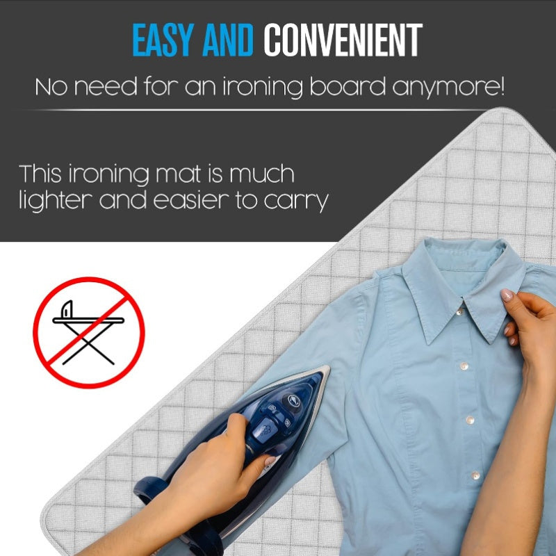 Portable Ironing Mat that does not require electricity, featuring a reusable heat-resistant cloth for pressing shirts and garments on-the-go. No need for an ironing board or plate, making it convenient for travel and home use.