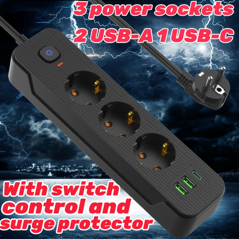 Heavy duty power strip with surge protector, European outlets, USB-A/C ports, flat plug, 220-240V AC, for various settings.