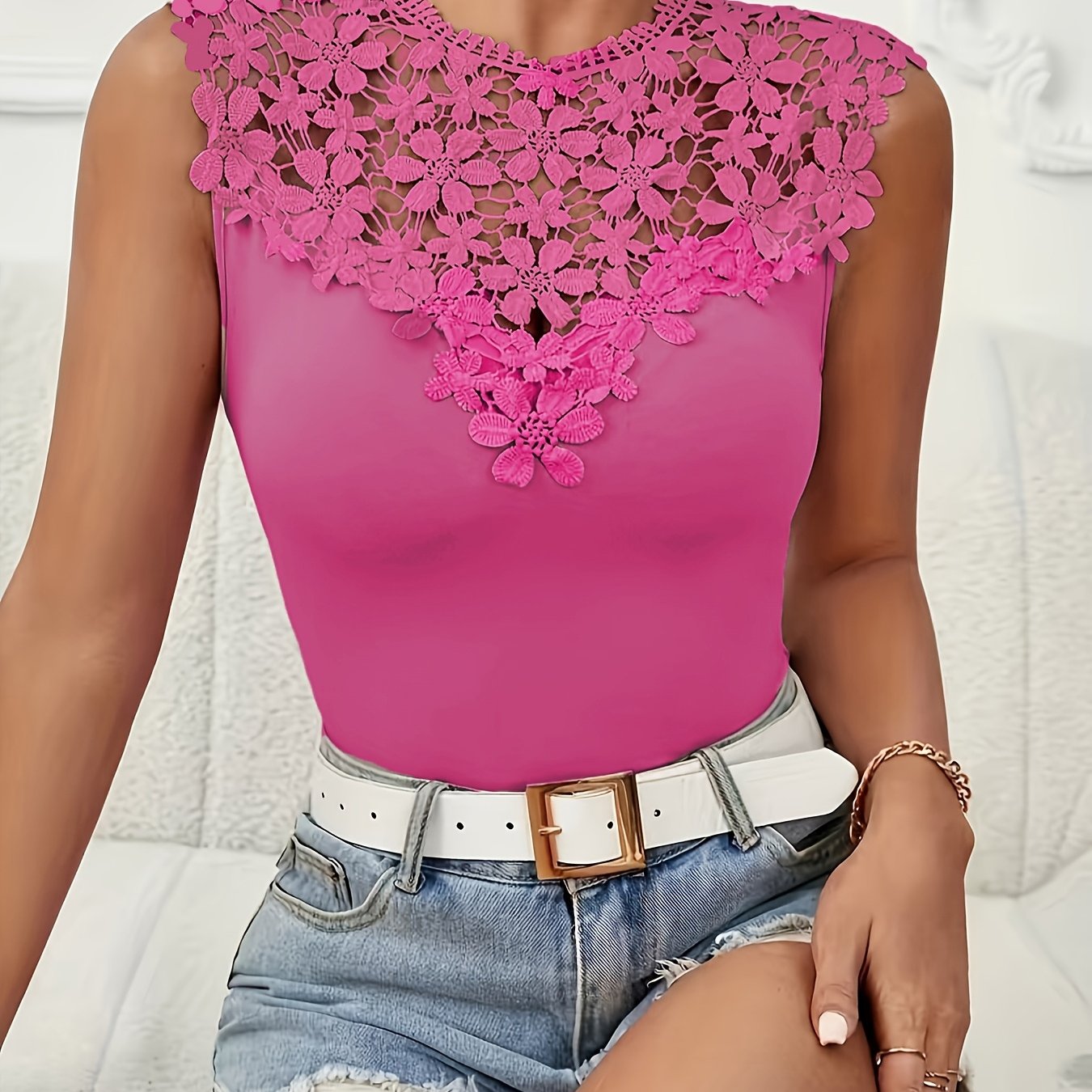 Floral lace applique tank top for summer, plus size, women's casual sleeveless top.