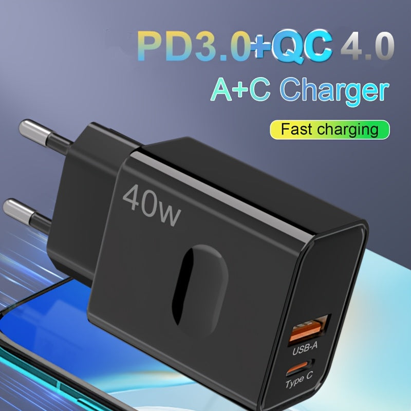 Dual port 40W fast charger with 1pc 100.58cm 25W type C cable, compatible with iPhones, iPads, Samsung, Android smartphones, tablets, and more. (Black)