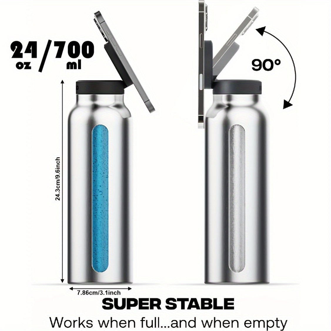 24 унции нержавеющая сталь бутылка для воды с держателем для телефона, изолированная, складной штатив для использования на улице, в автомобиле, для селфи, на кухне, в офисе. 360° вращающаяся магнитная подставка, ручная стирка, без ПВХ.