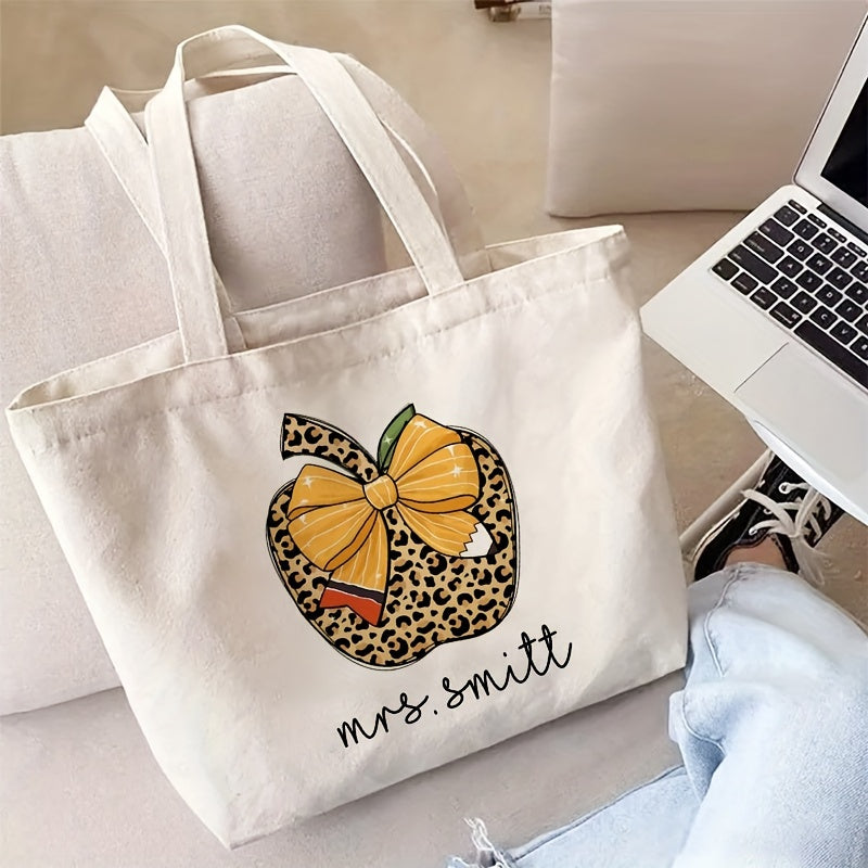 Personalized Teacher Bow Pattern Tote Bag, Canvas Shoulder Bag perfect for Travel, Work, and Shopping. Ideal gift for Teacher Appreciation or Back To School.