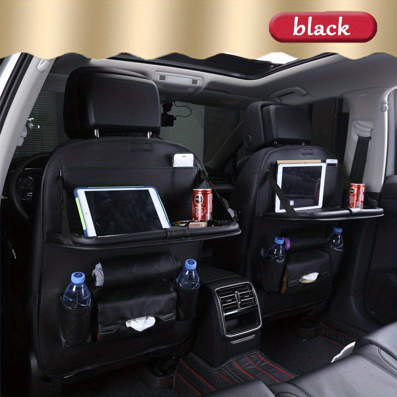 Car back seat organizer with storage pockets, kick mats, seat protectors, tissue box, cup holder, laptop table, and eating tray for parking use only.