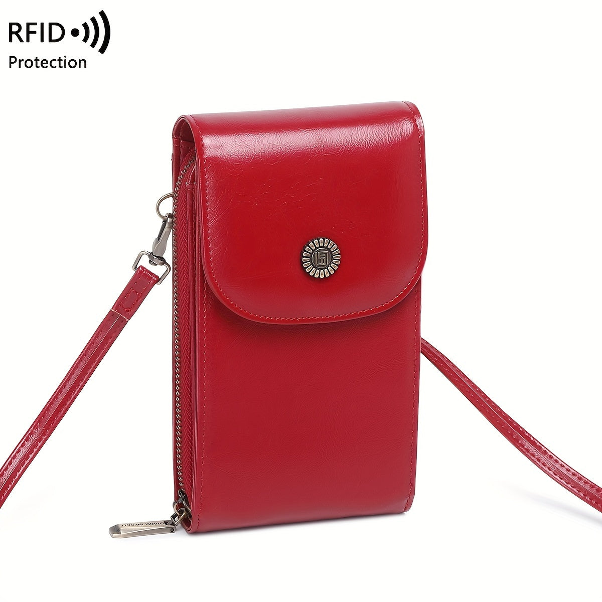 CHARM INFINITE RFID Blocking Crossbody Phone Wallet in Vintage Red with adjustable strap, multi-pocket organizer, waterproof & anti-theft design for everyday use.