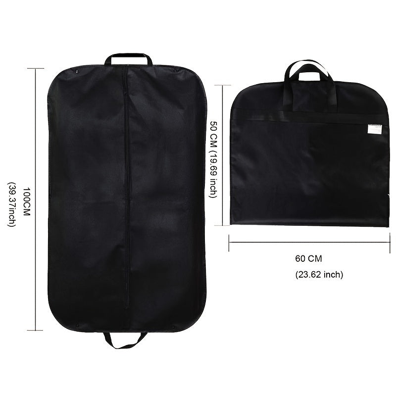 This durable black garment cover is perfect for protecting your clothes in the closet or while traveling. Featuring a strong handle and zippered closure, this dust-proof and moisture-proof suit bag is an ideal home and travel essential. Clothing