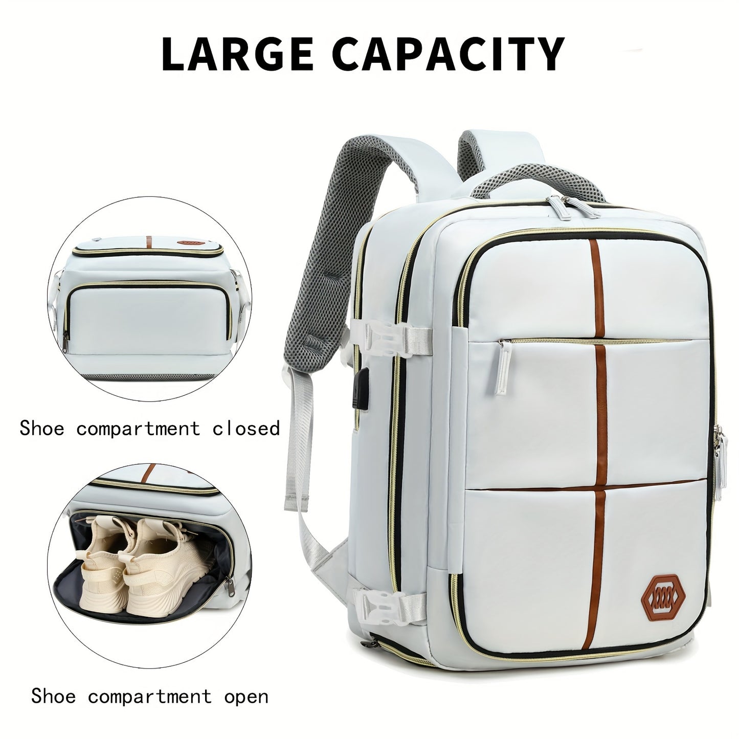 Stylish white and black travel backpack with shoe compartment, USB charging port, and durability for outdoor and school use.