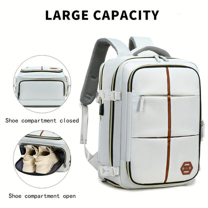 Stylish white and black travel backpack with shoe compartment, USB charging port, and durability for outdoor and school use.