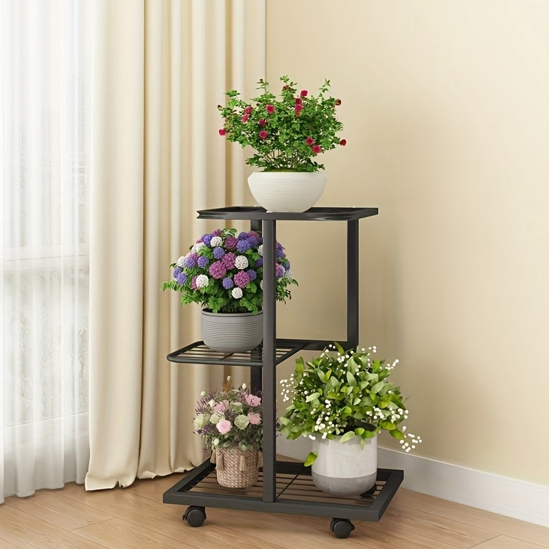 Metal plant stand on wheels with a lacquered finish and plaid pattern, featuring multi-tiered shelves for indoor or outdoor use in living areas and balcony spaces.