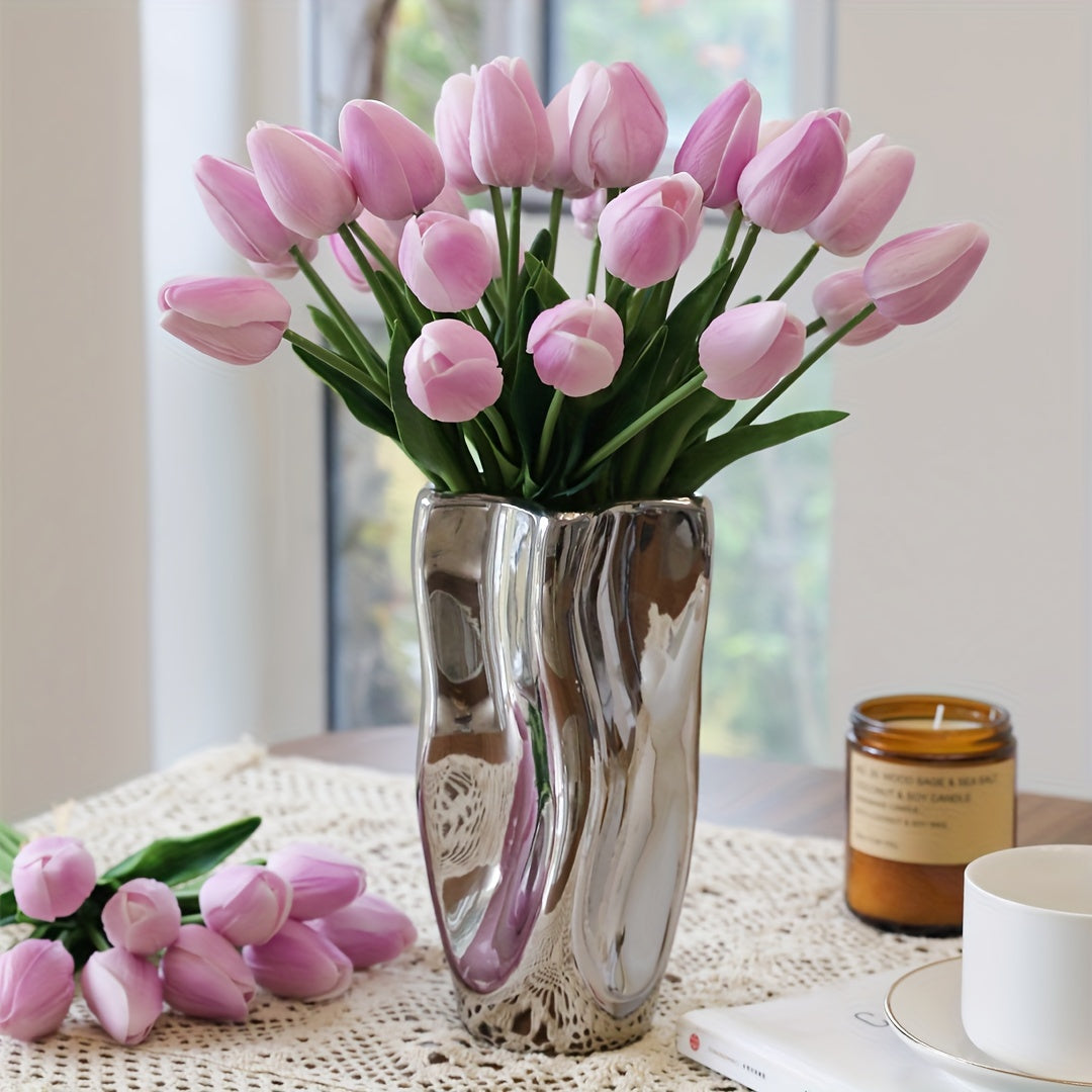 Artificial tulip flowers in 9, 18, or 27 piece sets for home or office decor, weddings, parties, and gifts.