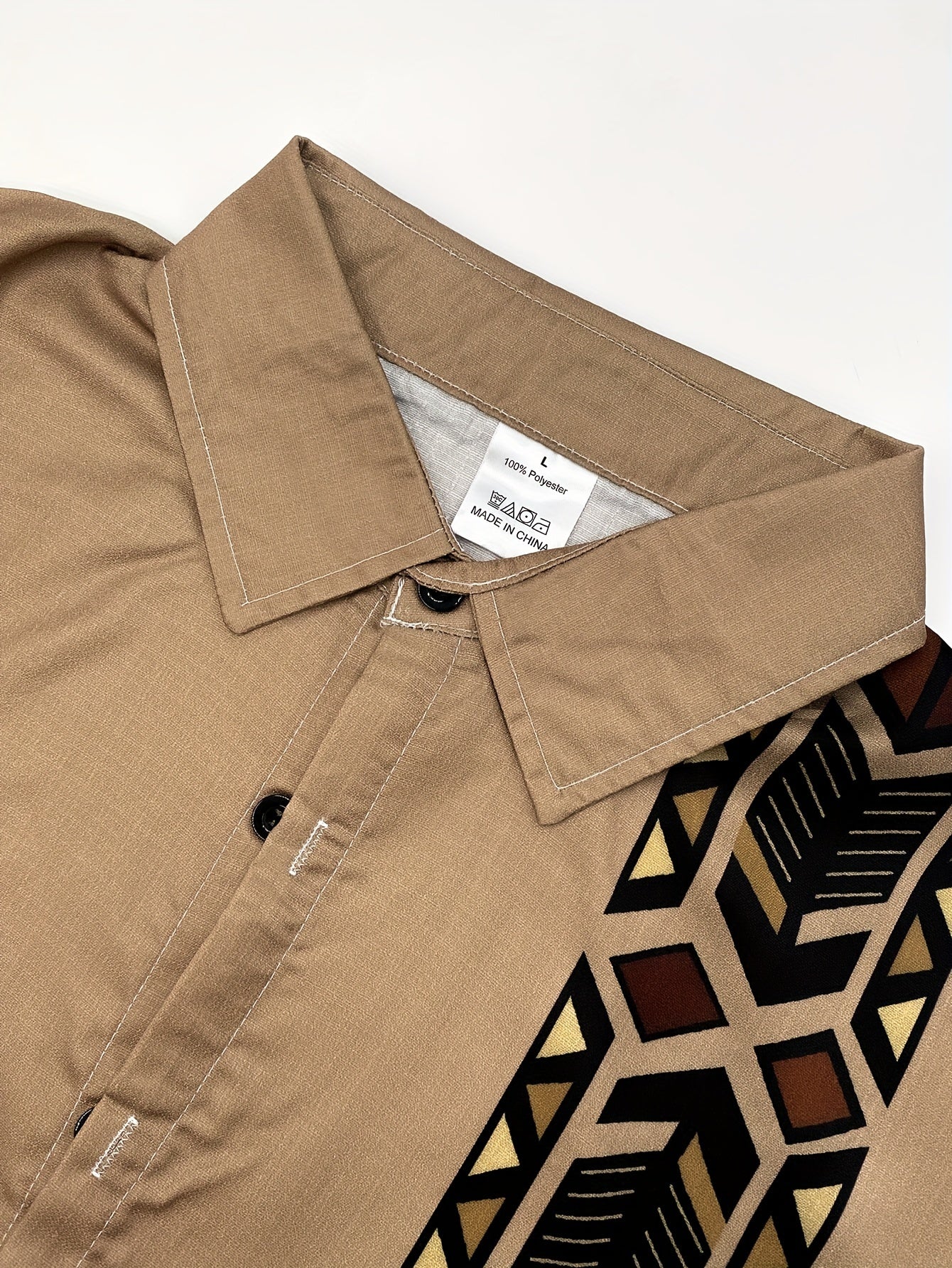 Men's lightweight khaki casual shirt with tribal 3D print featuring short sleeves, button-up collar, geometric pattern. Perfect for summer resort and outdoor wear, made with a polyester