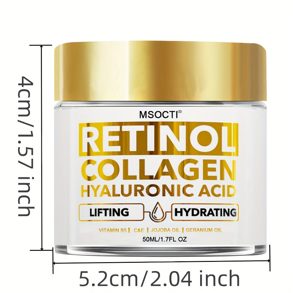 A hydrating cream for all skin types containing Retinol, Collagen, Shea Butter, Vitamin C, Aloe Vera, and Hyaluronic Acid.