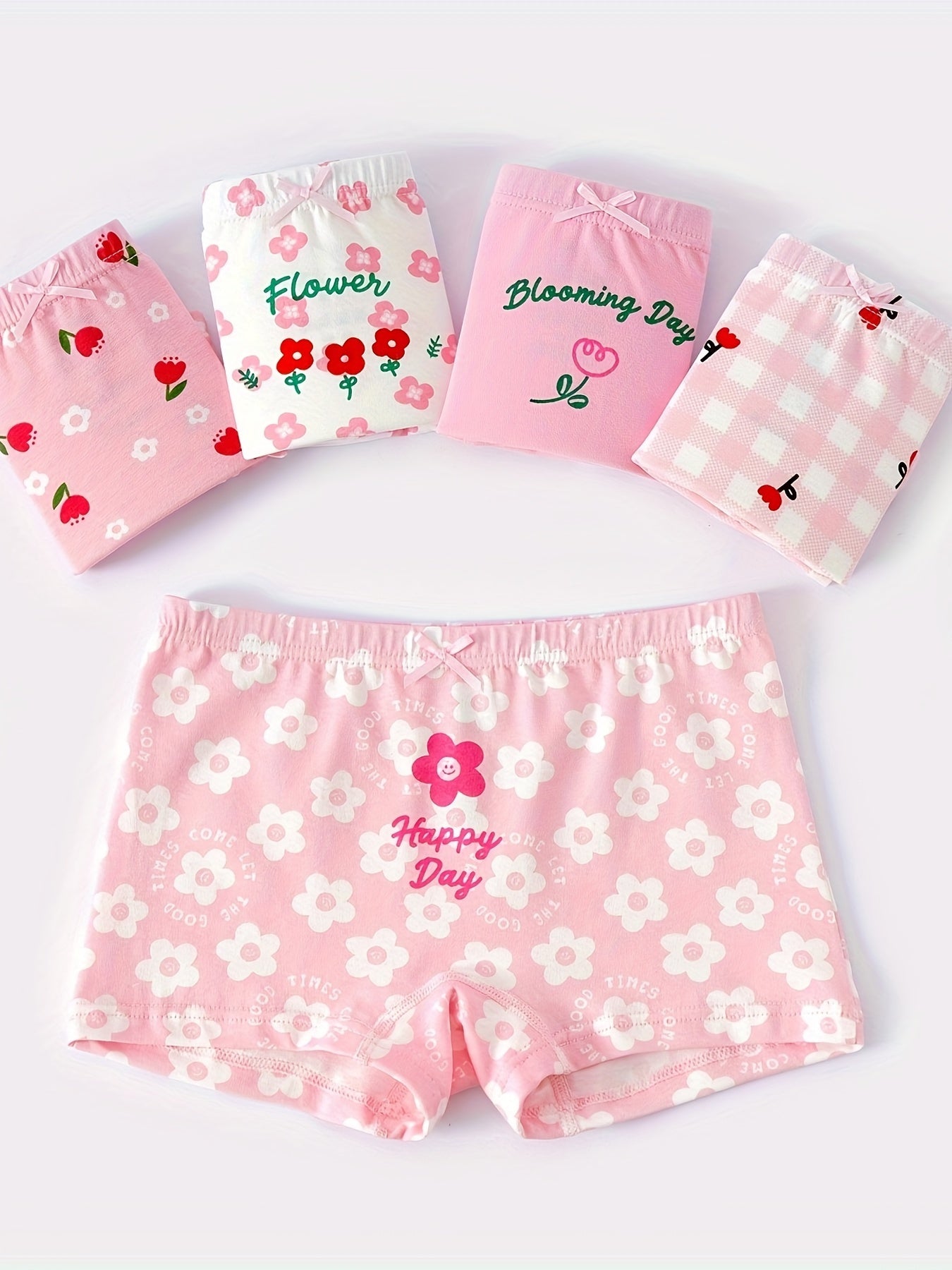 Girls' 5-pack Cotton Boxer Briefs with Floral & Cartoon Patterns, Medium Stretch Knit Fabric, All-Season Comfort Fit, Fake Drawstring Detail