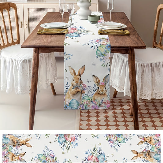 Polyester Easter table runner with bunny and egg pattern for holiday parties and outdoor celebrations.