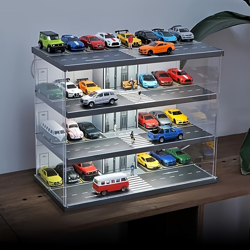 Black PVC 1:64 Scale Model Car Garage Display Case with manual operation and transparent dustproof cover. Features LED lighting, parking lot scene, and stereo model car storage. Perfect for