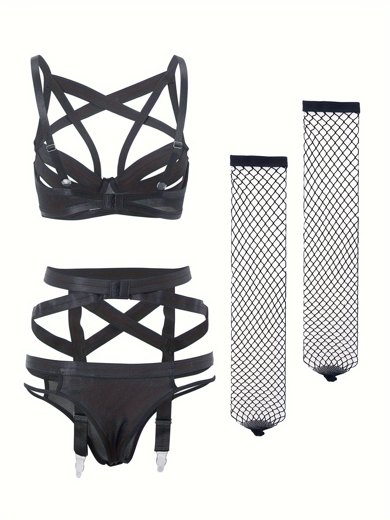 Sexy Hollow Out Lingerie Set with Bra, Garter Belt, Thong, and Stockings for Women