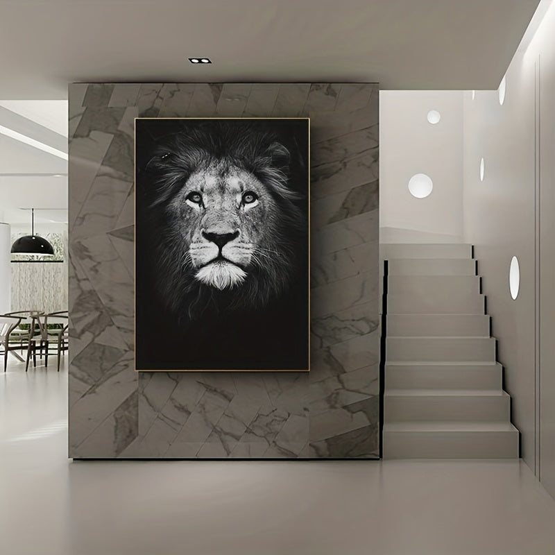 Black and white lion wall art print for home or office decor, featuring realistic animal portrait with textured fur detail.