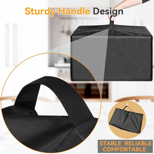 The sleek black/gray durable waterproof microwave oven dust cover features a foldable design and is easy to clean. It includes a handle for added convenience and is compatible with most microwaves. This protective cover helps keep appliances clean by