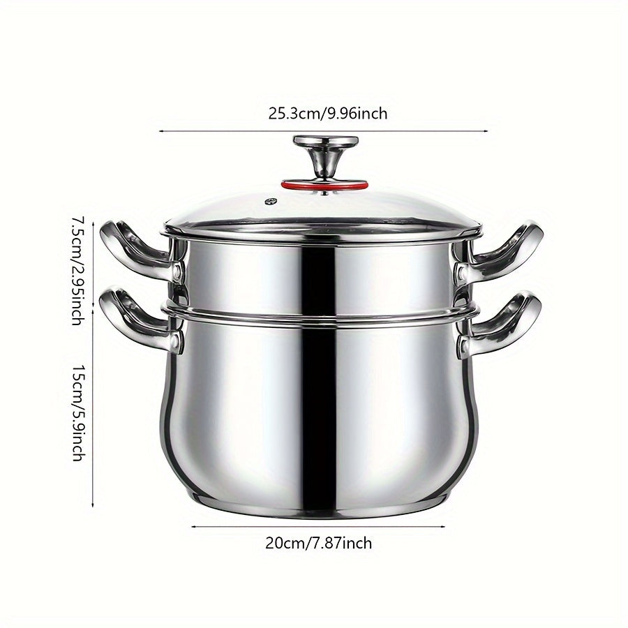 Stainless Steel Double-Layer Steamer Set with 3 Pieces - Perfect for Home, Parties, and Restaurants - Large Capacity, Dual Handles, Deep Soup Pot, and Dishwasher Safe