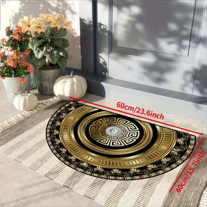 Elegant and plush semi-circular rug featuring a sophisticated black and golden floral pattern. Made of non-slip, easy-to-clean polyester that is suitable for both indoor and outdoor use. A versatile addition to any space, from bedrooms and entryways to