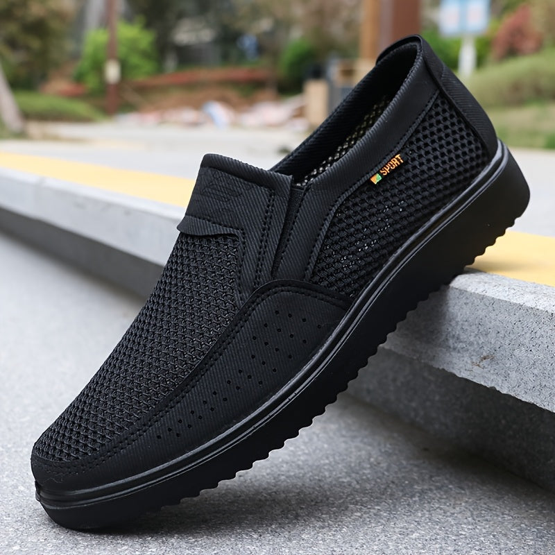 Brown mesh slip-on shoes with rubber sole for outdoor activities, all-season comfort.