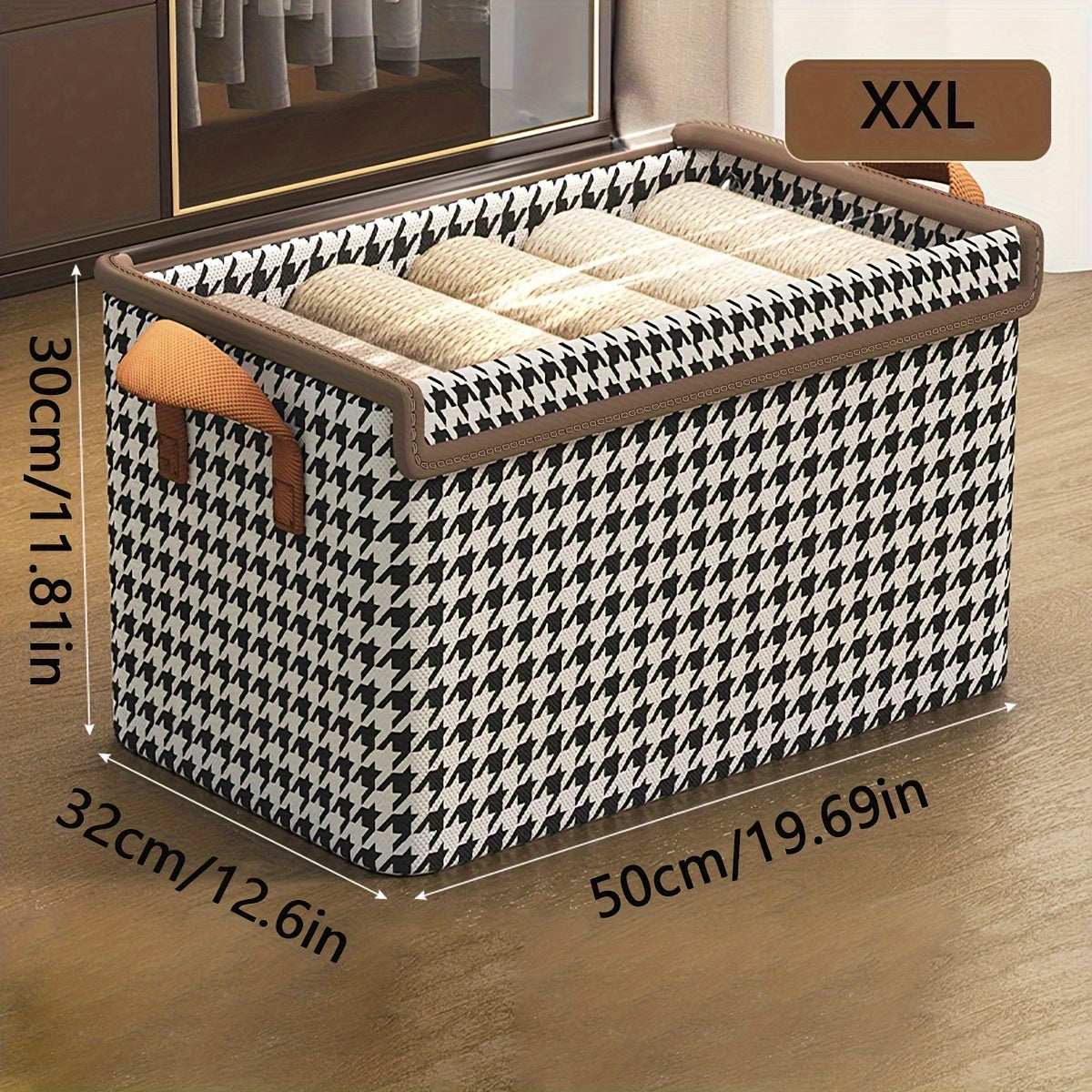 Boho Style Polyester Blend Storage Box with Flip Top Lid, Rectangle foldable wardrobe organizer for clothes and socks. This multipurpose non-waterproof closet organization basket features a stylish houndstooth pattern and foldable design. Perfect for