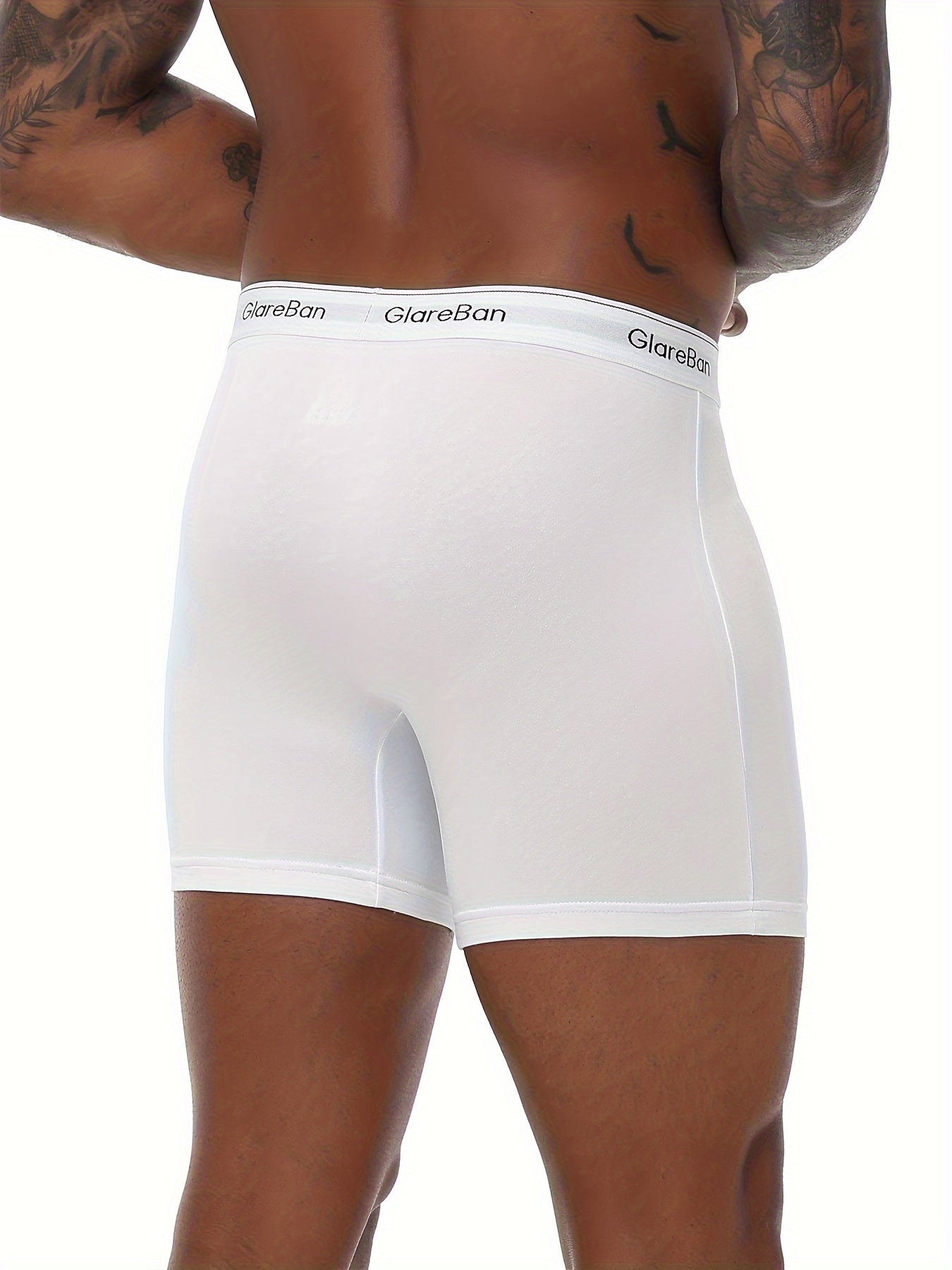 5 Men's white boxer briefs made of comfortable polyester and elastane blend, machine washable.