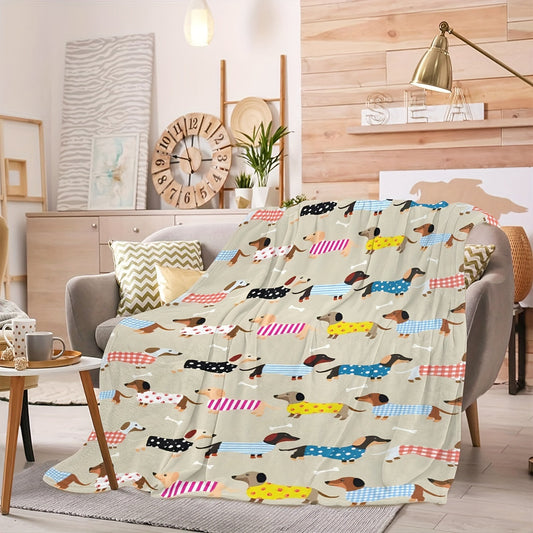 Stay cozy and comfortable with this stylish Dachshund Pattern Throw Blanket. Perfect for all seasons, this contemporary knitted polyester throw is stain-resistant and multipurpose. Featuring a digital print, it makes an ideal gift for dog lovers. Enjoy a