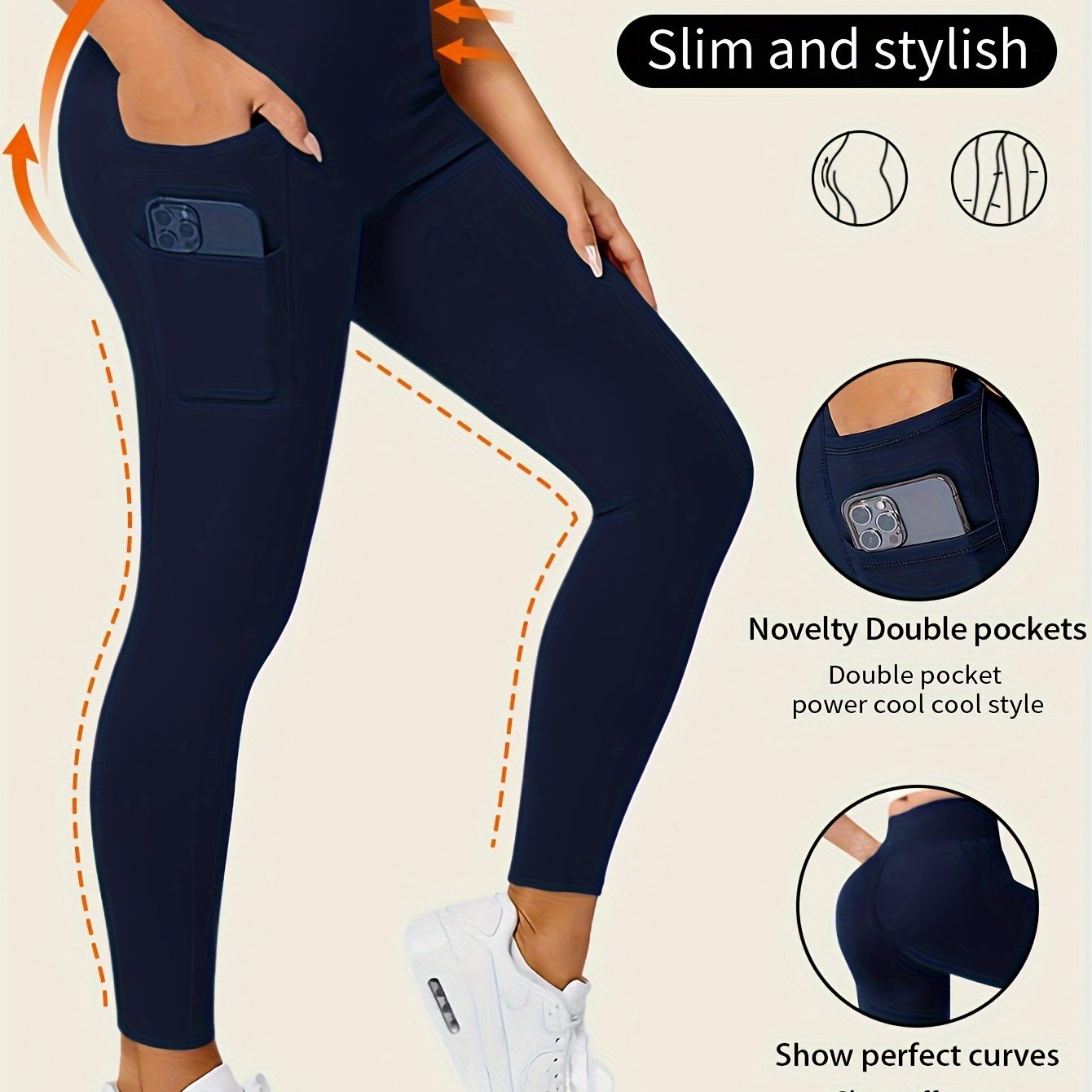 Stretchy high-waisted leggings with pockets for comfort.