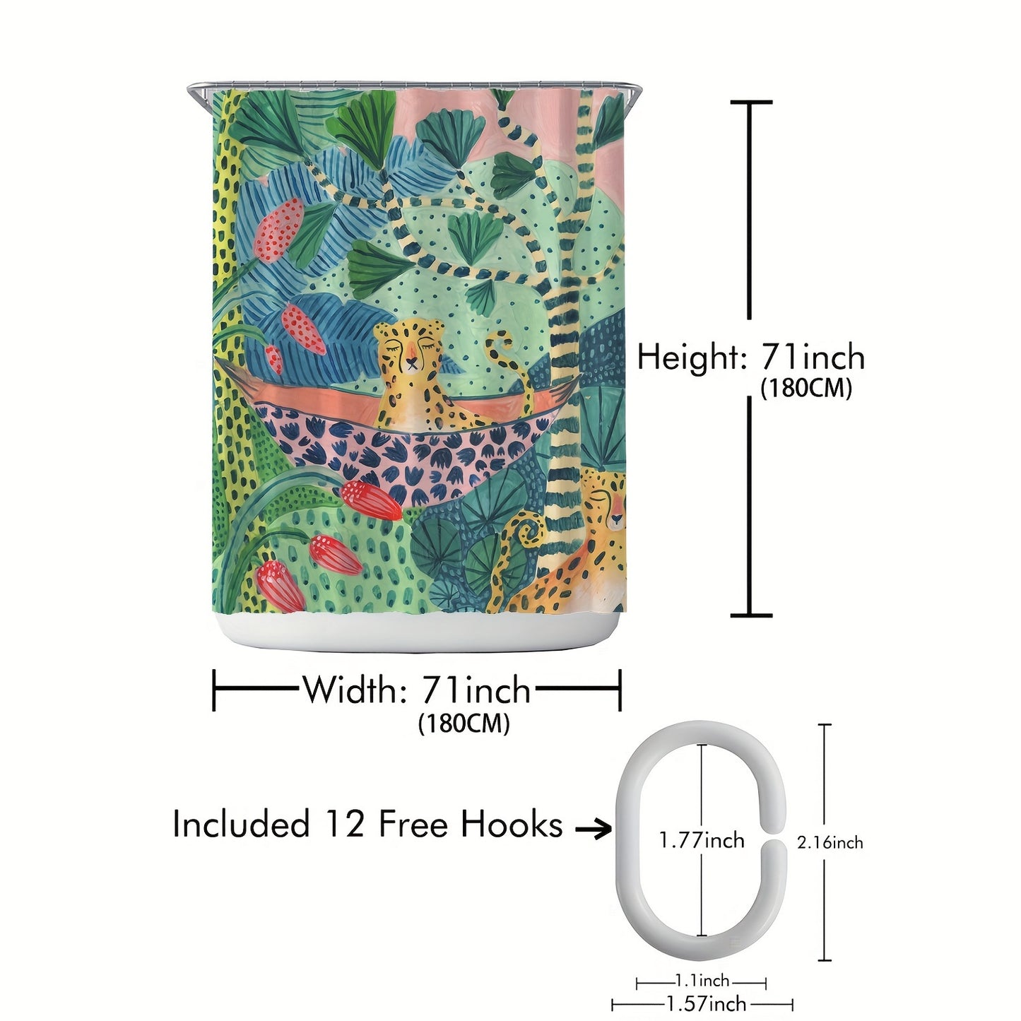 Cartoon flower leopard print shower curtain with 12 hooks for windows and bathroom decoration. Machine washable fabric with waterproof design. Bathroom accessory.